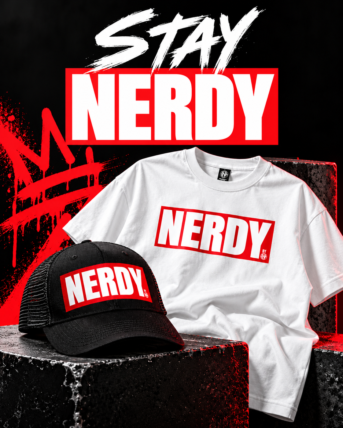 Stay NERDY artwork featuring a white NERDY T-shirt and black hat